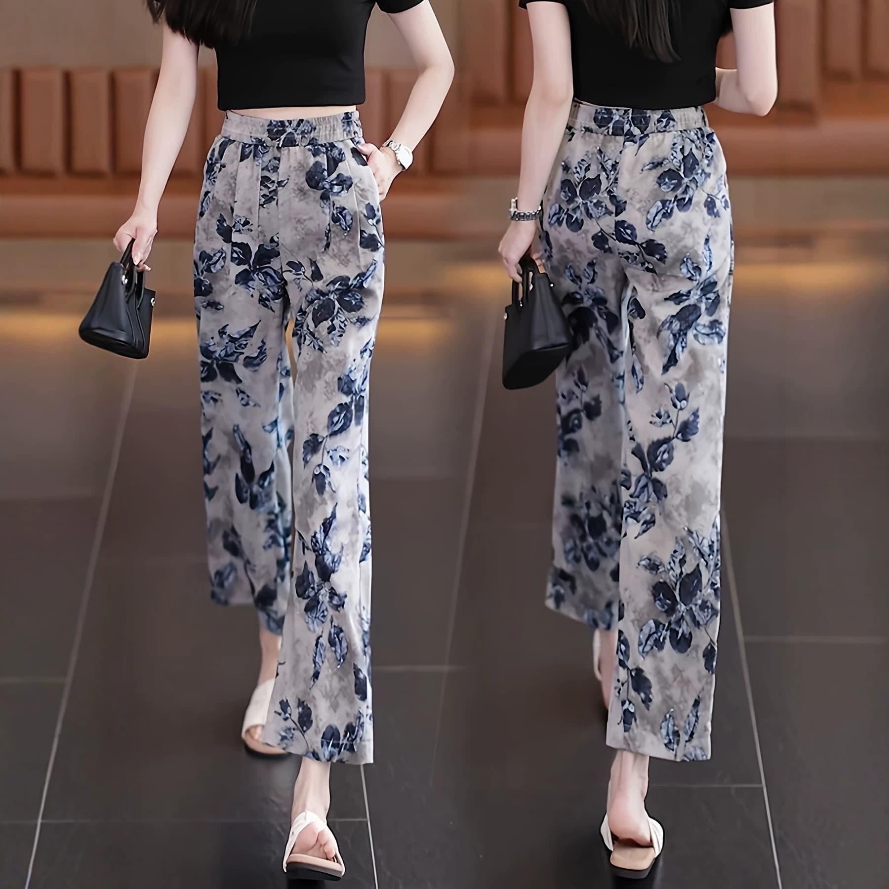 New Women's 2026 Floral Pants Summer Thin Drapey Loose Straight Pants High Waist Versatile Nine-Point Wide Leg Pants None