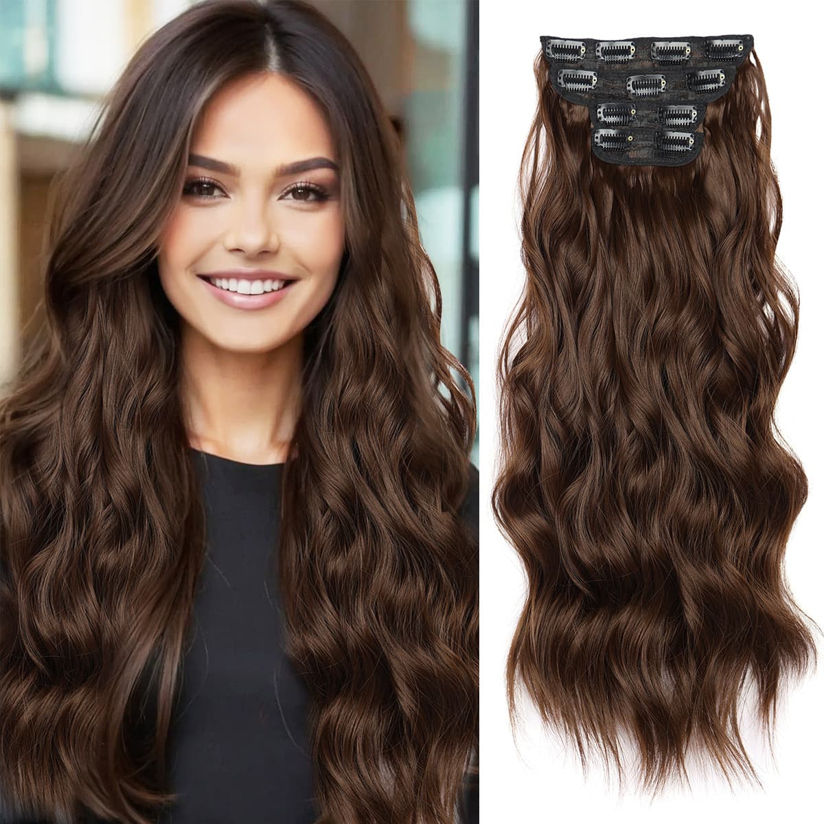 European and American Women's Long Curly Wig Piece Water Wave Clip-in Hair Four-piece Set High-temperature Silk Seamless Hair Extension