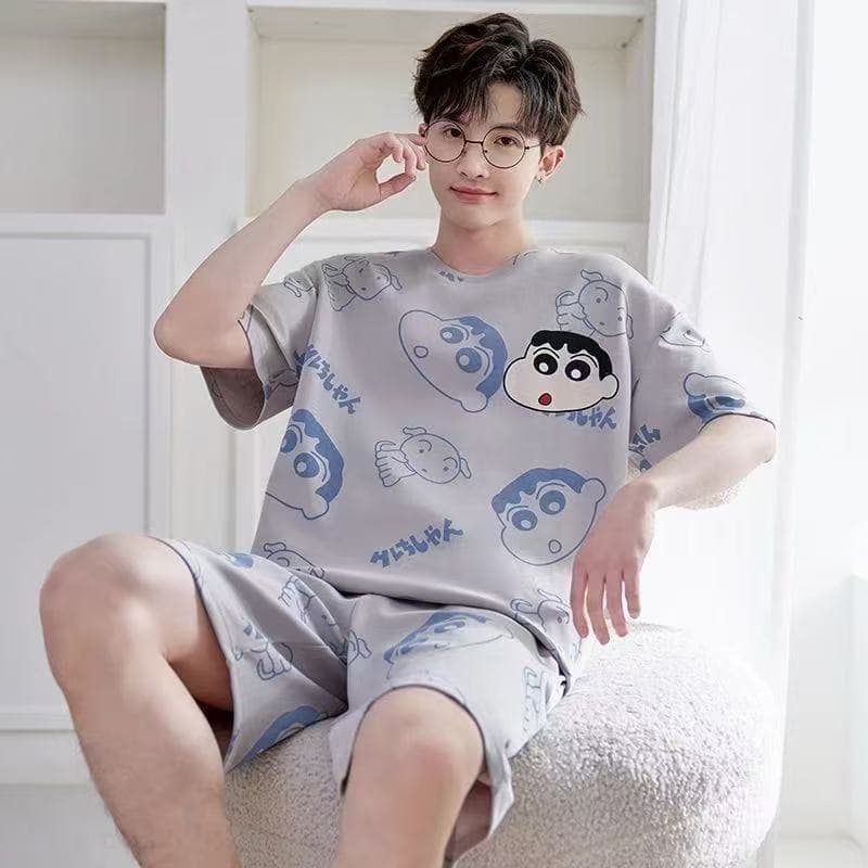 Men's Pajamas Short-Sleeved Thin Summer Casual Loose Plus Size Round Neck Simple Youth Home Wear Set