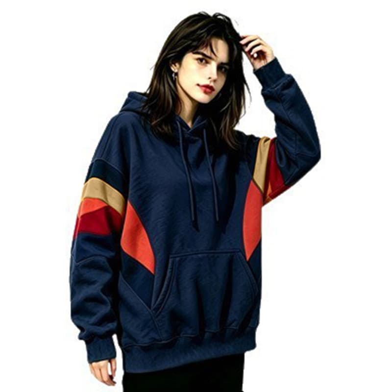 Cross-border European and American Drop Shoulder Hoodie for Women, Autumn/Winter Fleece, Loose Fashion Contrast Color Pullover, Versatile Long Sleeve Hoodie