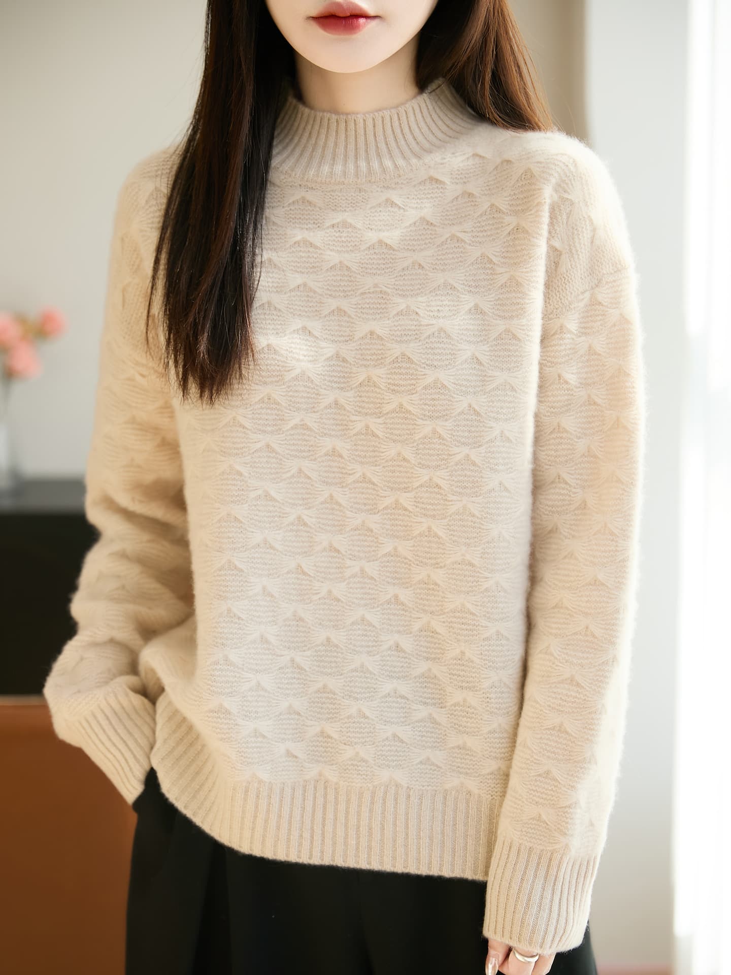 Blended machine washable half turtleneck warm sweater for women in autumn and winter thickened bow pattern design with commuting wool inside