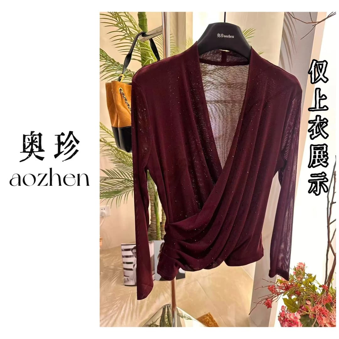 Women's Cross V-Neck Long-Sleeve Top Autumn Style Slimming Mesh Shirt Fitted Versatile Layering Blouse