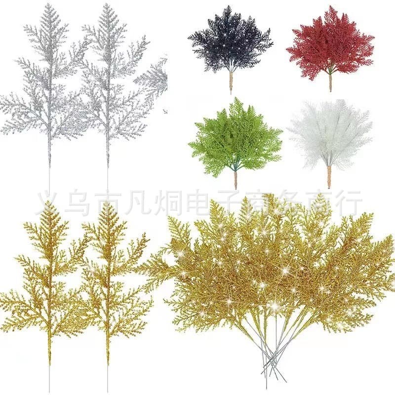 Cross-border artificial plastic glitter powder plant green leaf cuttings pine needle simulated glitter Christmas tree wreath material