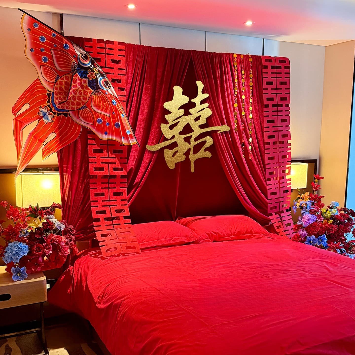 Bridal Room Decoration Red Fabric Canopy for Bed Head, Wedding Setup Background Set, Morning Robe