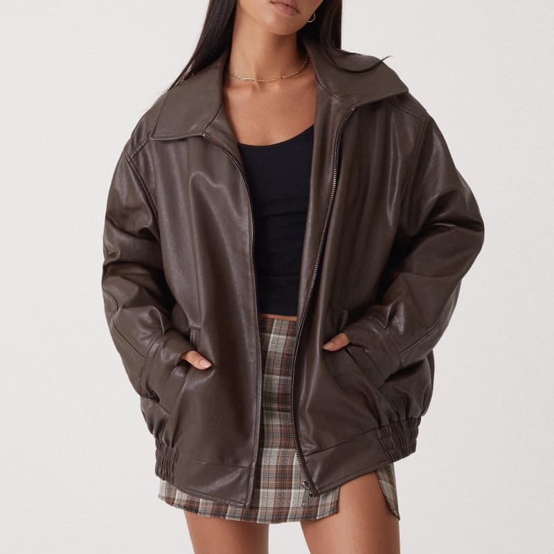 Amazon Spring/Fall Bestseller European & American PU Leather Motorcycle Jacket, Loose Fit Top with Lapel and Elastic Waist, Women's Outerwear