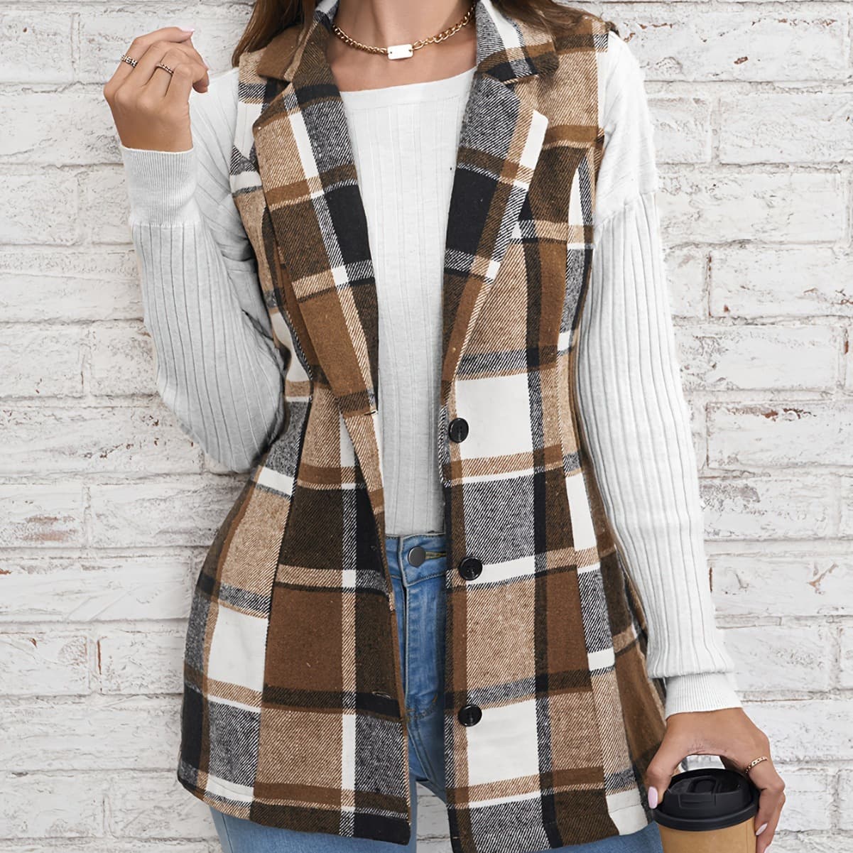 Amazon Women's Spring Autumn Winter Cross-border Fashion Top European American Style Lapel Suit Vest Plaid Coat