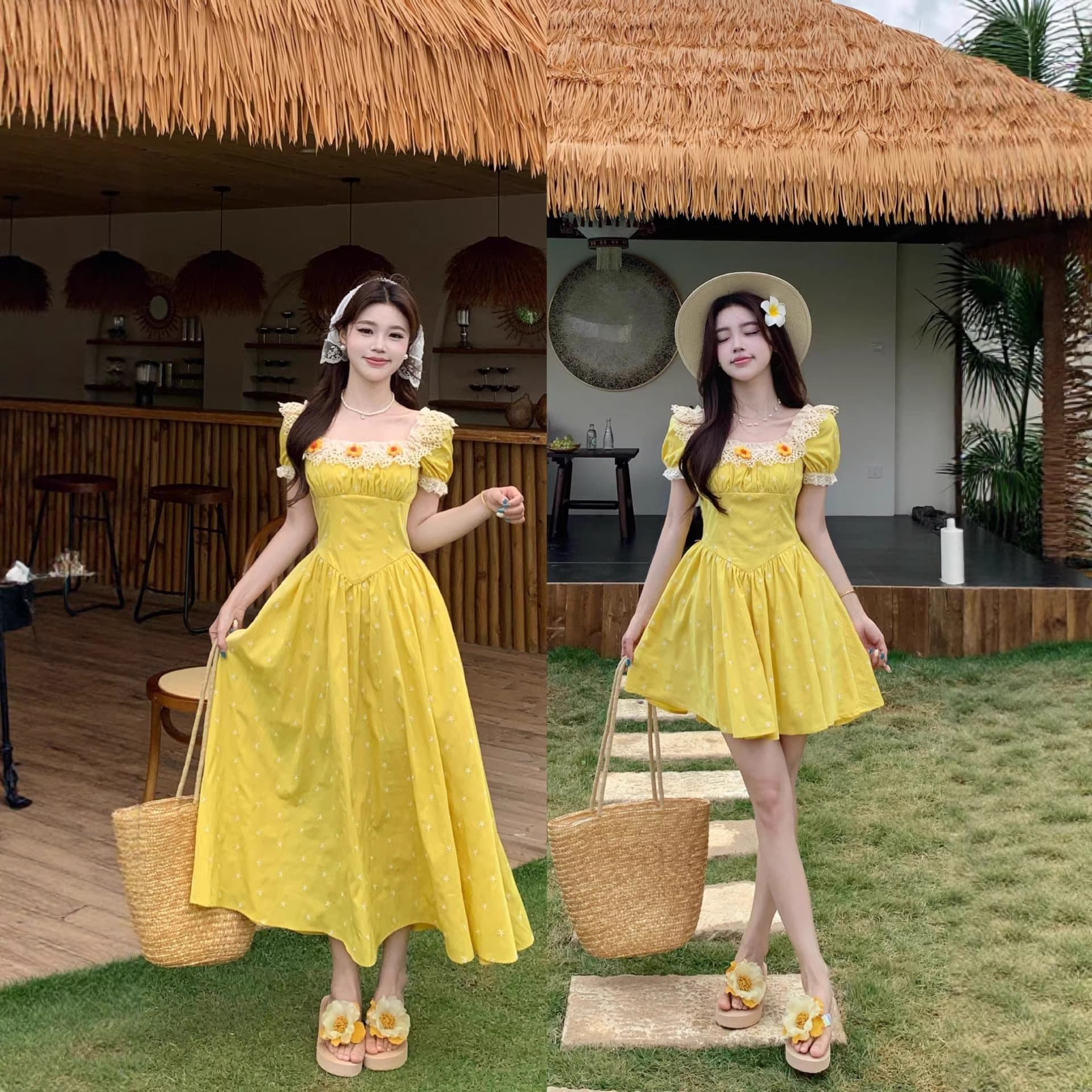 Plus Size French Yellow Dress Women Summer New Vacation Style High Waist Slimming Long Dress
