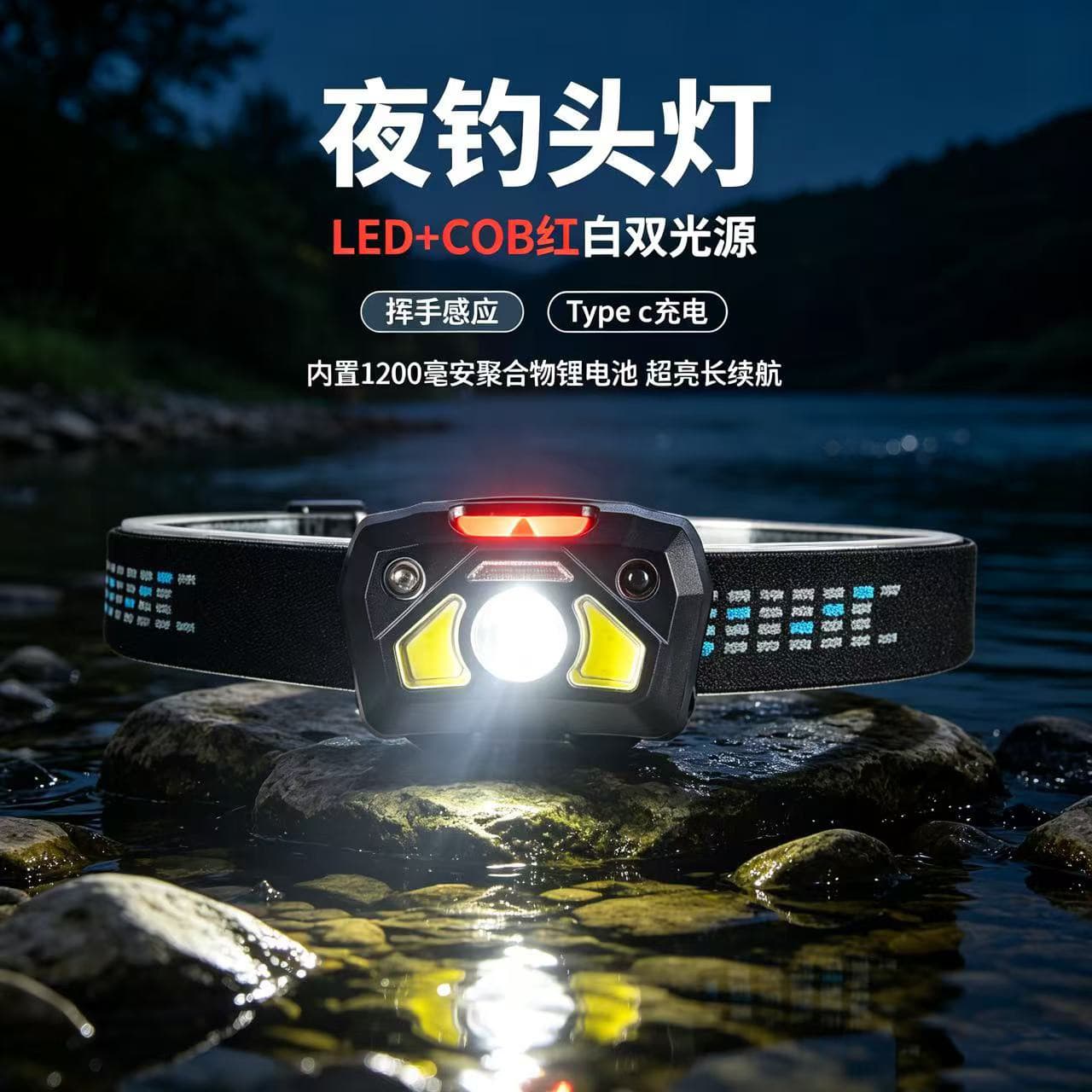 Night Fishing Headlamp Long-Lasting Lithium Battery COB Ultra-Bright Red Light Motion Sensor Outdoor Rechargeable Waterproof Headband Lighting