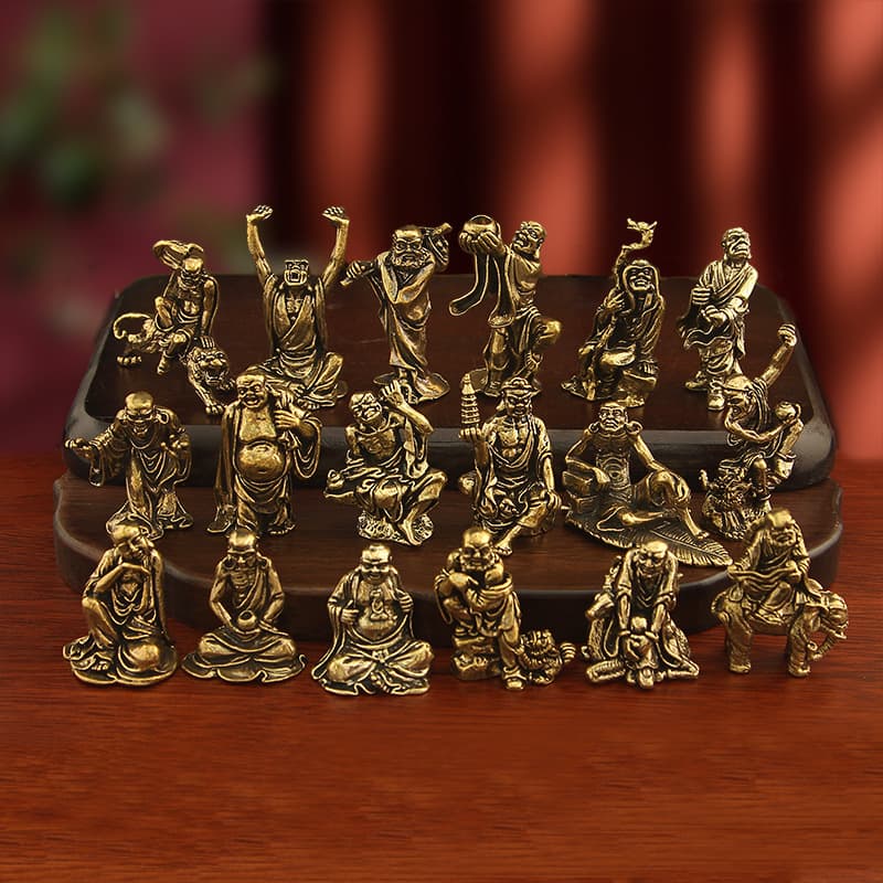 Brass Eighteen Arhats Subduing Dragon and Tiger Ornament Set Pure Copper 18 Bronze Figures Vintage Ornament Copper Collection Craft