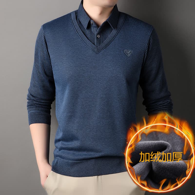 Cross-border foreign trade autumn/winter men's fake two-piece knit versatile shirt collar jacket men's sweater inner layer t-shirt fleece-lined