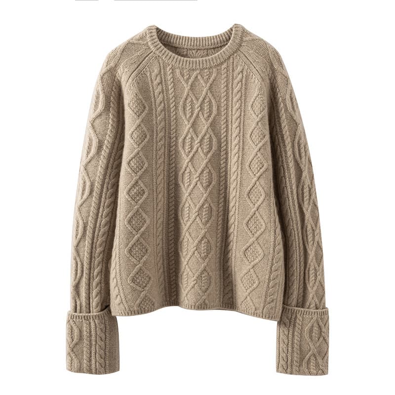 Heavy Thickened Loose Wool Sweater Women's Velvet Round Neck Twist Trim Sleeve Design Knitted Sweater Base Lazy Style