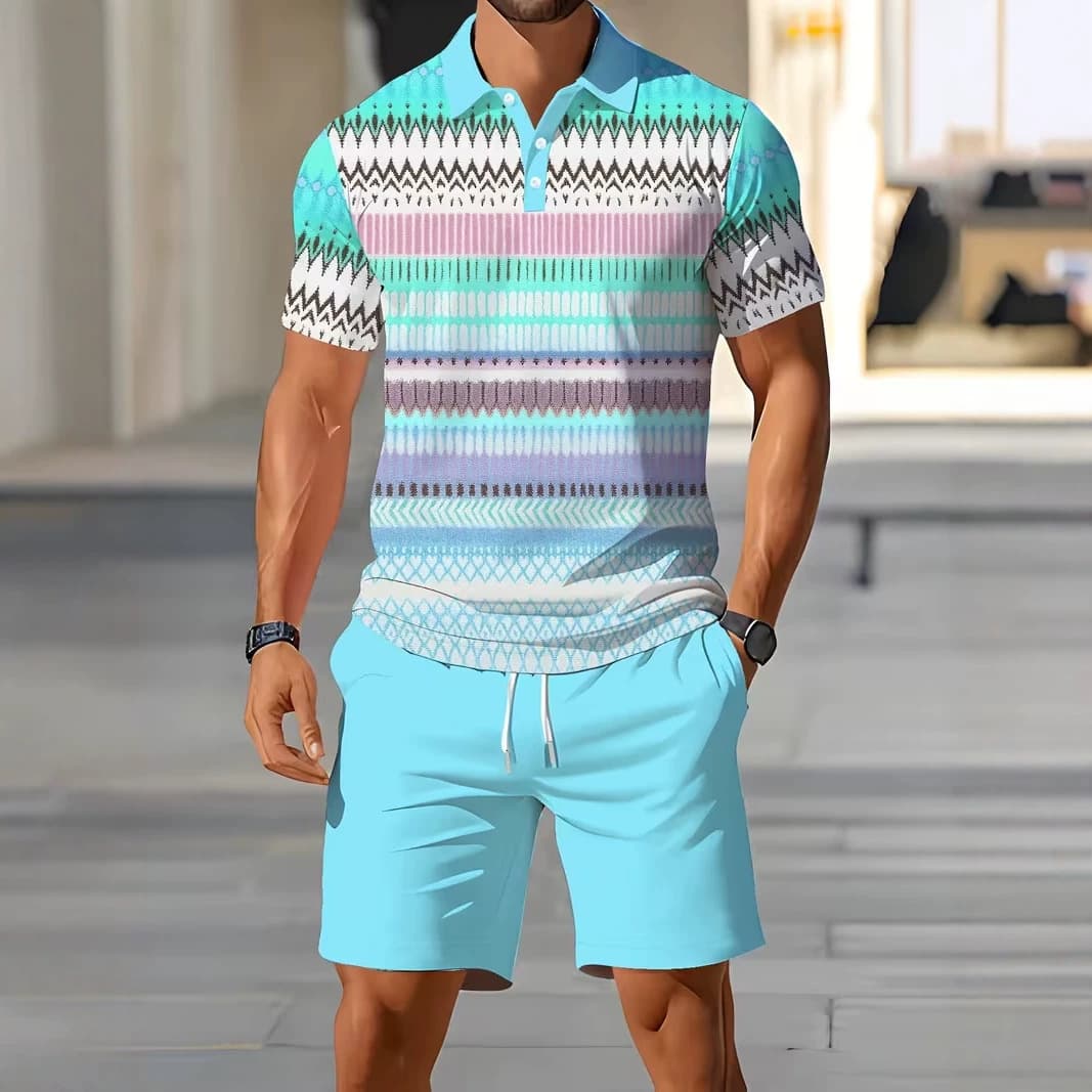 Cross-border Trade Summer Men's Polo Shirt Set Casual Sport Contrast Print Short Sleeve Shorts Fashion Set