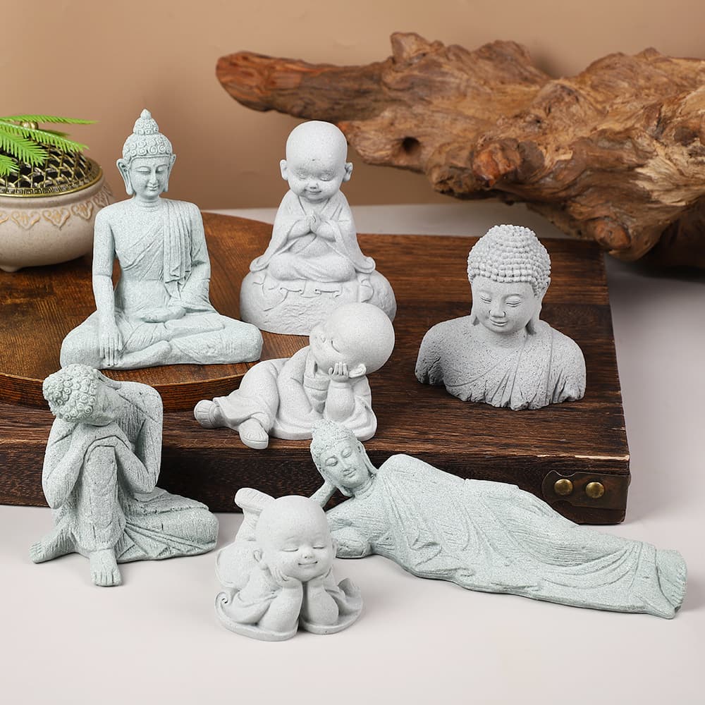 Chinese style Zen Buddhist statue ornaments, micro landscape, cute little monk sculpture, Chinese gardening coffee table, green sandstone crafts