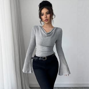 2026 Fall/Winter Women's Cross-Border Ribbed Base Layer Off-Shoulder Slim Fit Knit Long Sleeve Top, Popular Commuter Style