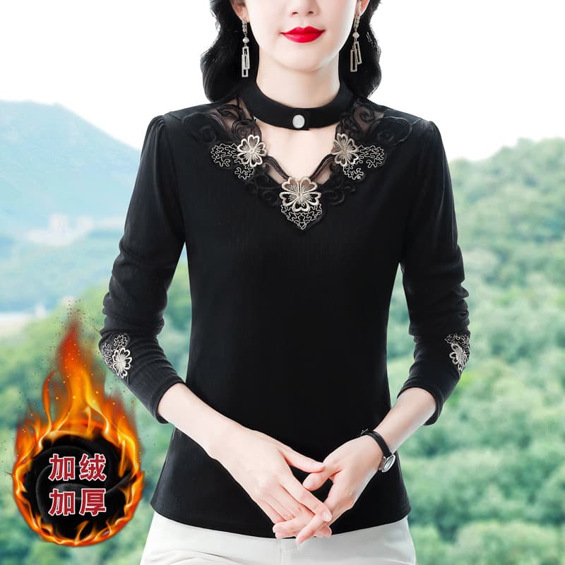 Fleece-Lined Thickened Lace Base Layer Women Autumn/Winter 2025 New Elegant Sweet Semi-High Neck Long Sleeve Top Trendy
