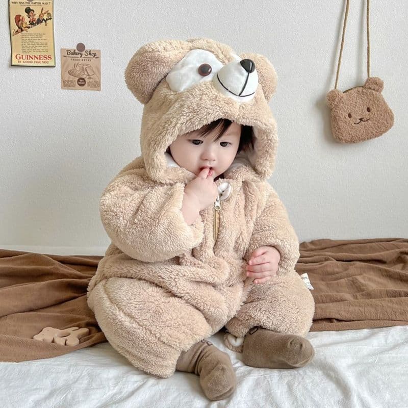 Baby Romper for Boys and Girls, Autumn/Winter Outwear, Bear Onesie Pajamas, Fleece-Lined and Thickened