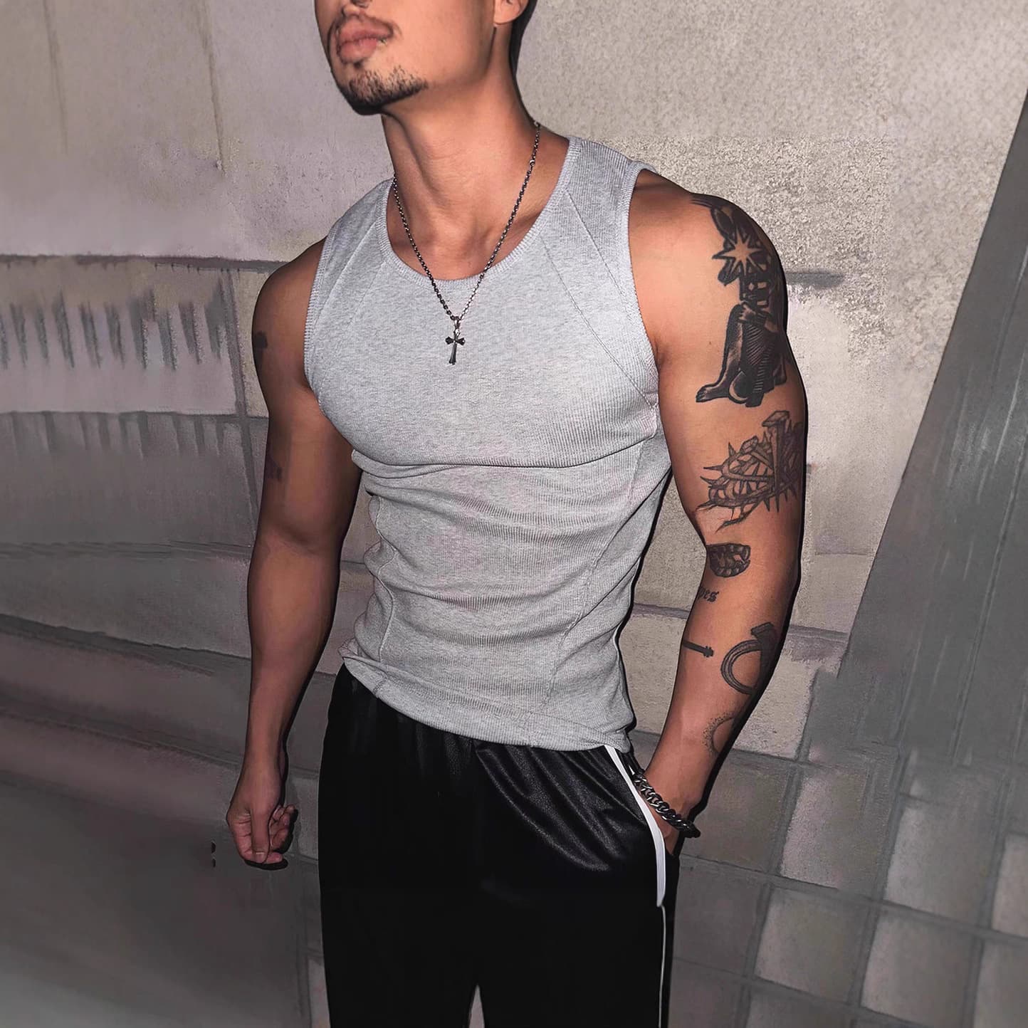 American Hardman Combed Cotton Vest Muscle Fit Tight Stretch Sleeveless T-Shirt with Visible Stitching Paneled Fitness Sports Tank Top
