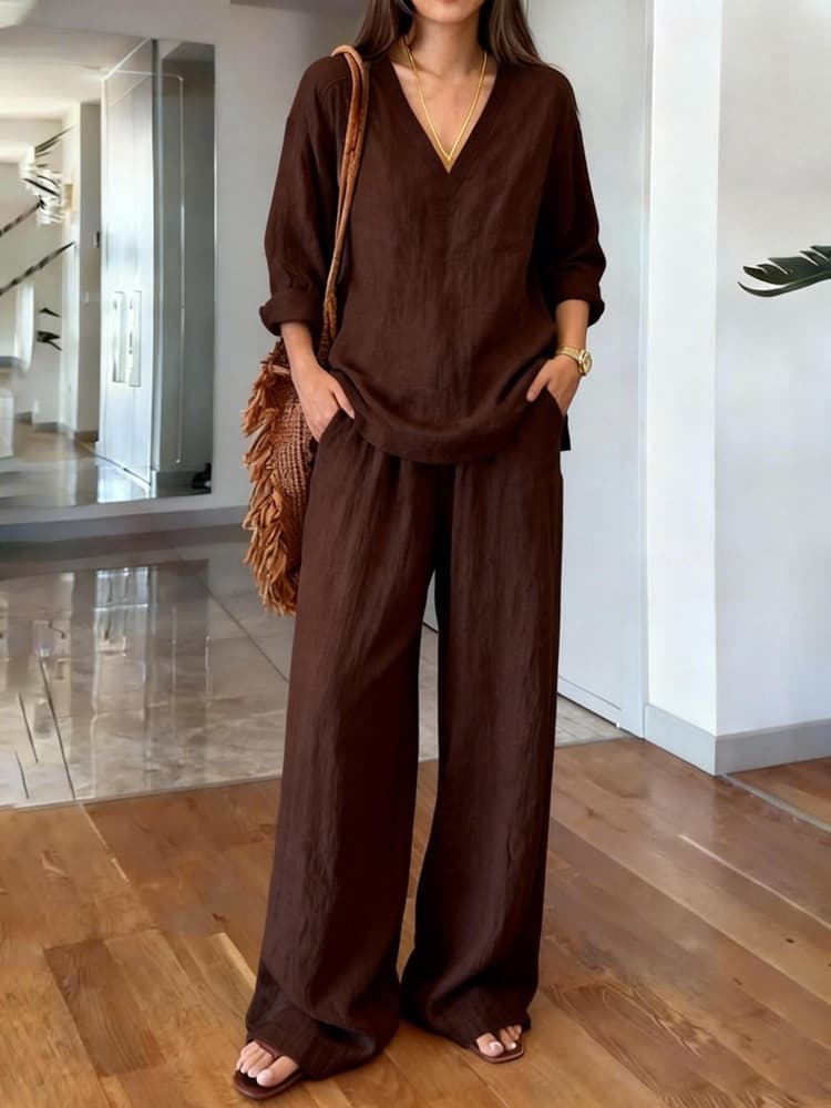 2026 New Women's Casual V-Neck Long Sleeve Pullover with Long Pants Washed Cotton Multicolor Set for Export to Europe and America