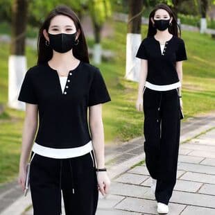Casual Sportswear Set for Women 2026 Summer New Fake Two-Piece Top Loose Slimming Wide Leg Pants Two-Piece Set