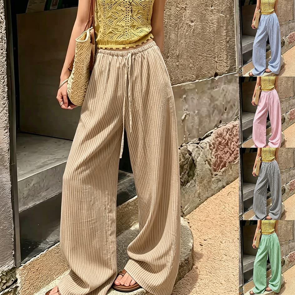 Cross-Border Thin Vertical Stripe Women's Casual Pants, Summer Contrast Color Breathable Straight Loose Wide Leg Floor-Length Pants
