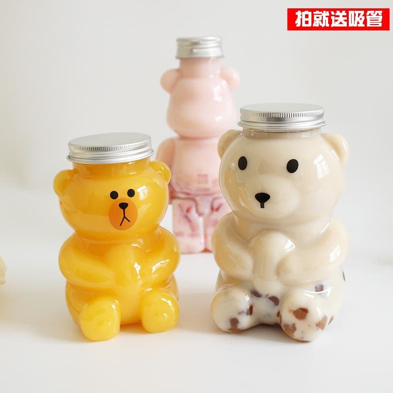 Cartoon Milk Tea Bottle Bear Yang Zhi Ganlu Internet Celebrity Packaging Bottle Plastic Cup with Lid Beverage Disposable Packaging