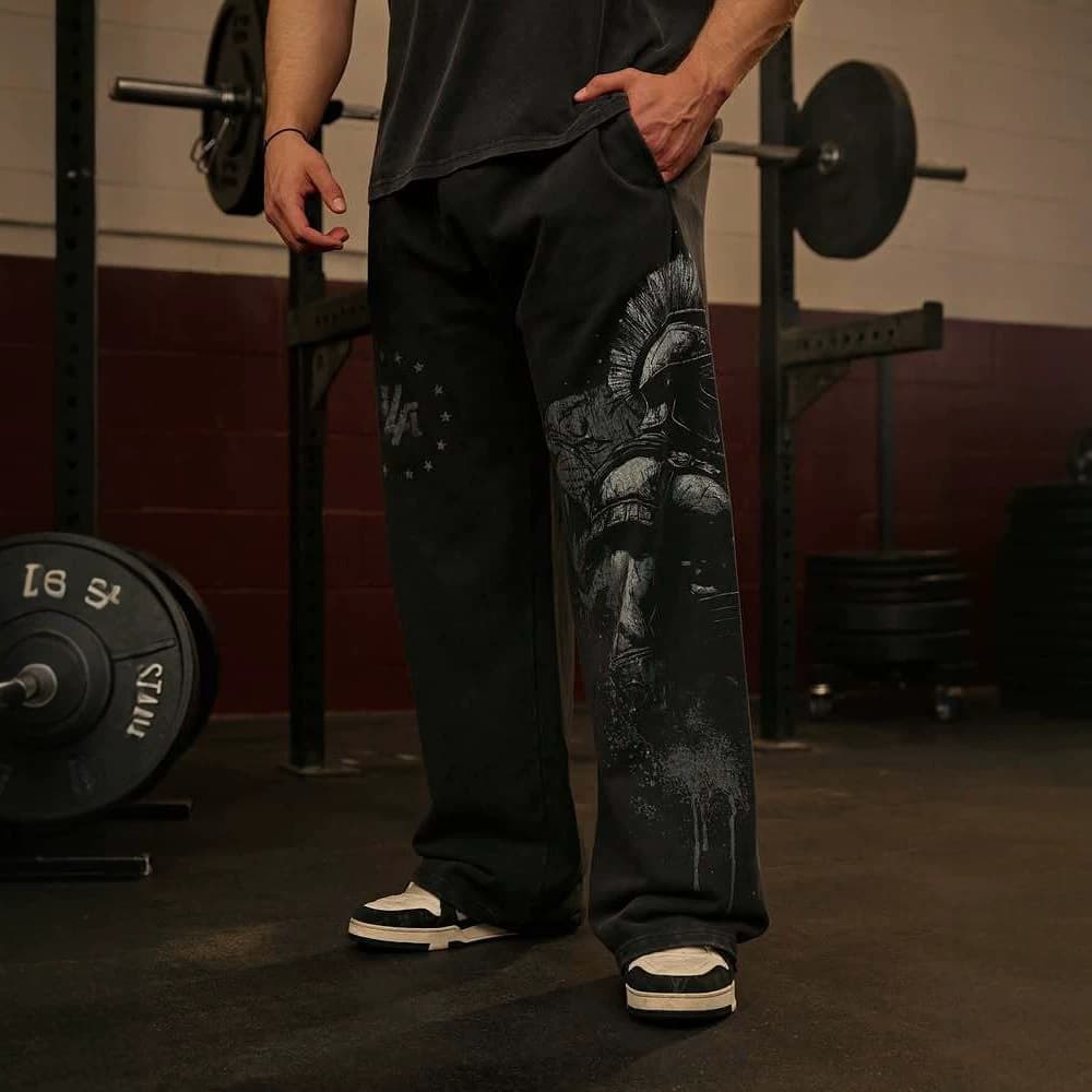 YOUNGLA 2026 New American Style Sports Pants Gym Bodybuilding Running Training Pants Cotton Printed Wide Leg Long Pants