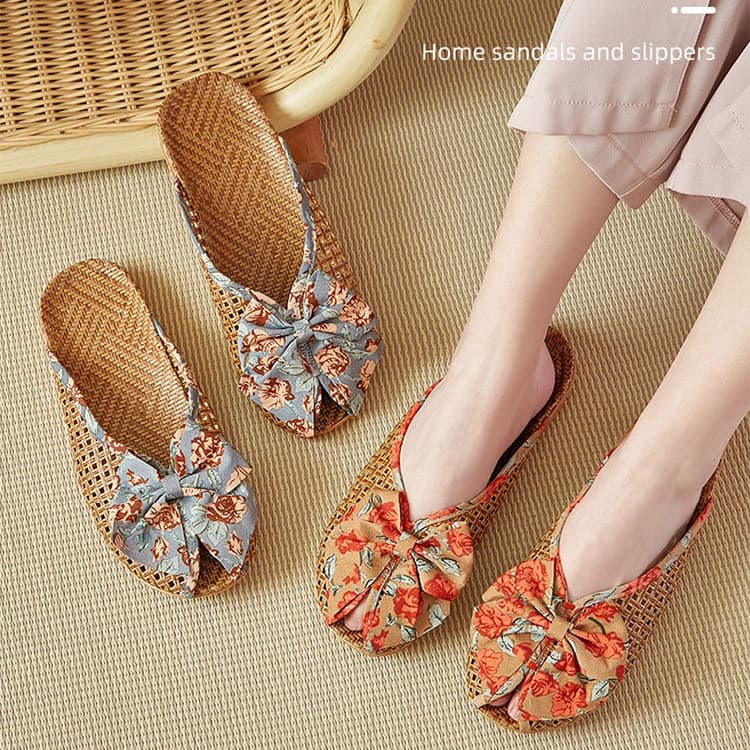 Summer Linen Woven Bamboo Straw Slippers Women's Korean Style Butterfly Knot Closed Toe Home Cooling Slippers Breathable Anti-Odor Sweat Absorbent