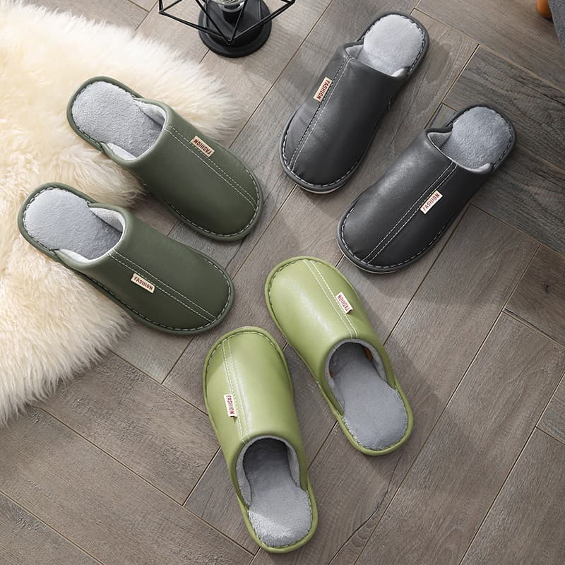 New Autumn/Winter Cotton Slippers for Women, Couples' Warm Maternity Shoes, Leather Thick-Soled Indoor/Outdoor Use