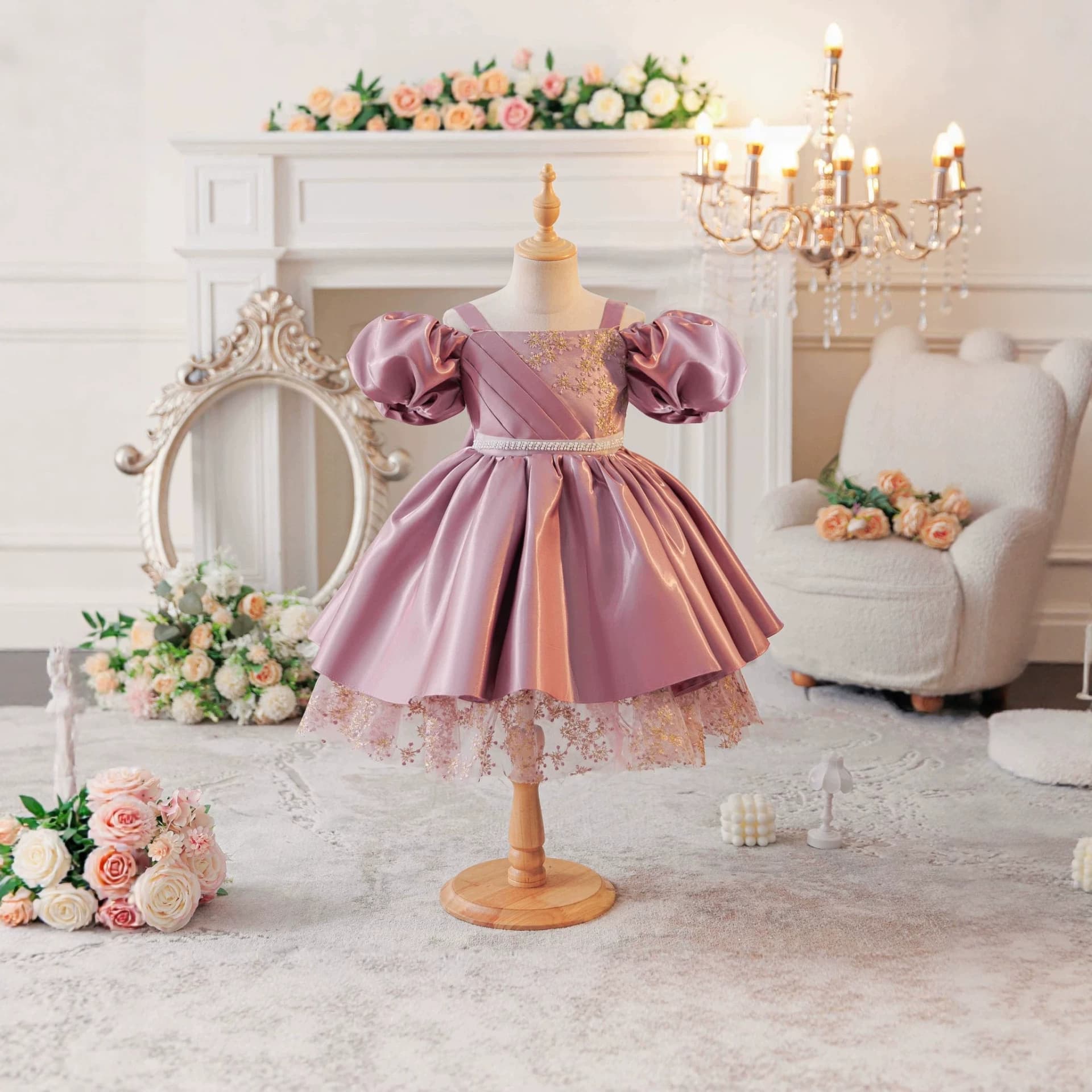 European and American new baby princess dress with puff sleeves, baby girl's one-year-old dress, summer dress, children's dress