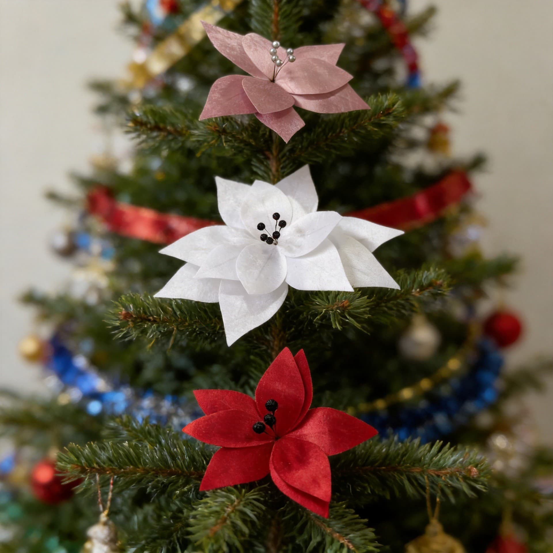 Giant Christmas Velvet Floral Decorations, Holly Leaves, Christmas Tree Photography Props, Multi-Color Premium Decorative Flowers