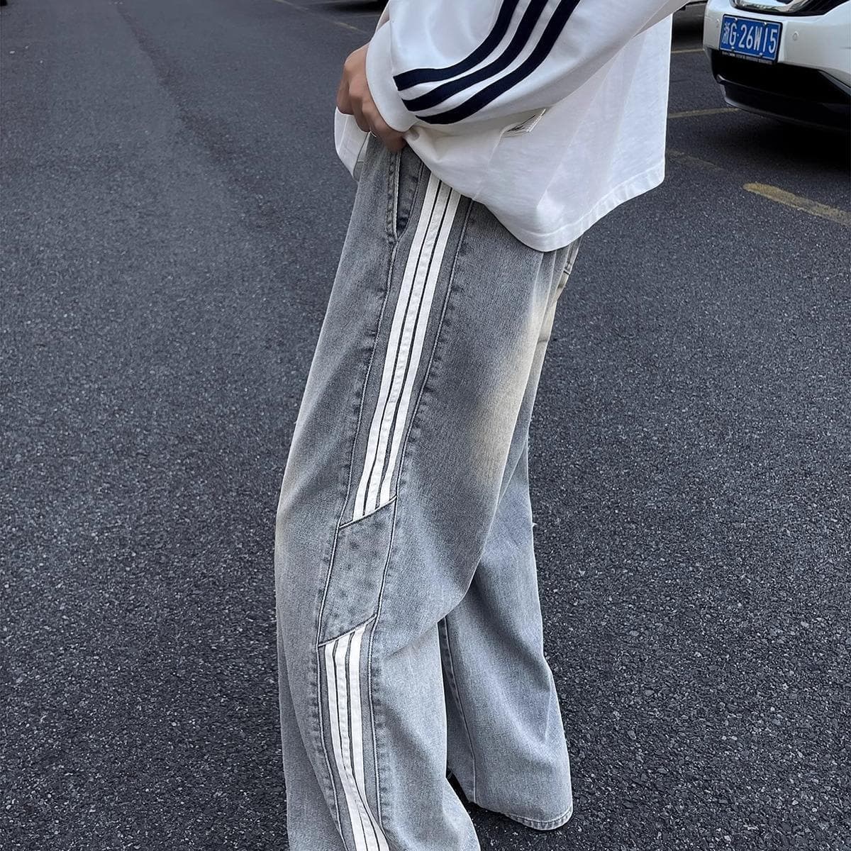Striped Jeans for Men and Women Straight Loose Elastic Waist Wide Leg Pants Streetwear American Retro Floor-Length Jeans