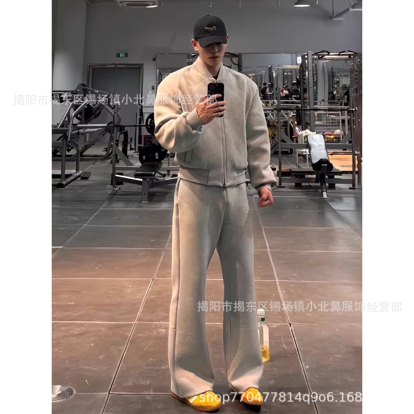 Spring/Autumn Gray American-Style Fitness Sweatpants for Men, Deconstructed Wide-Leg Casual Long Pants, Heavyweight Draped Curved-Cut Pants