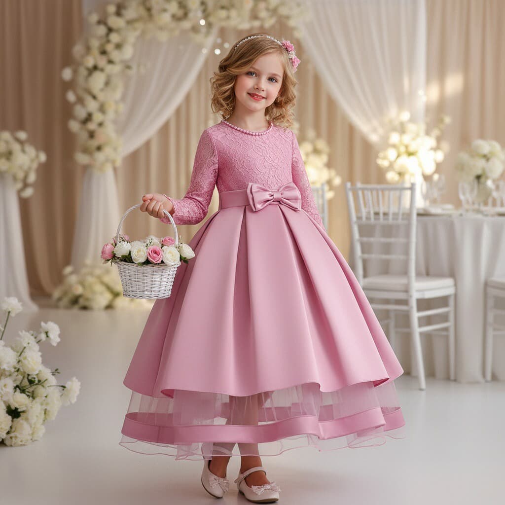 Amazon's new girls' long dress with lace long sleeves and forged cloth dress with mid-waist bow dress