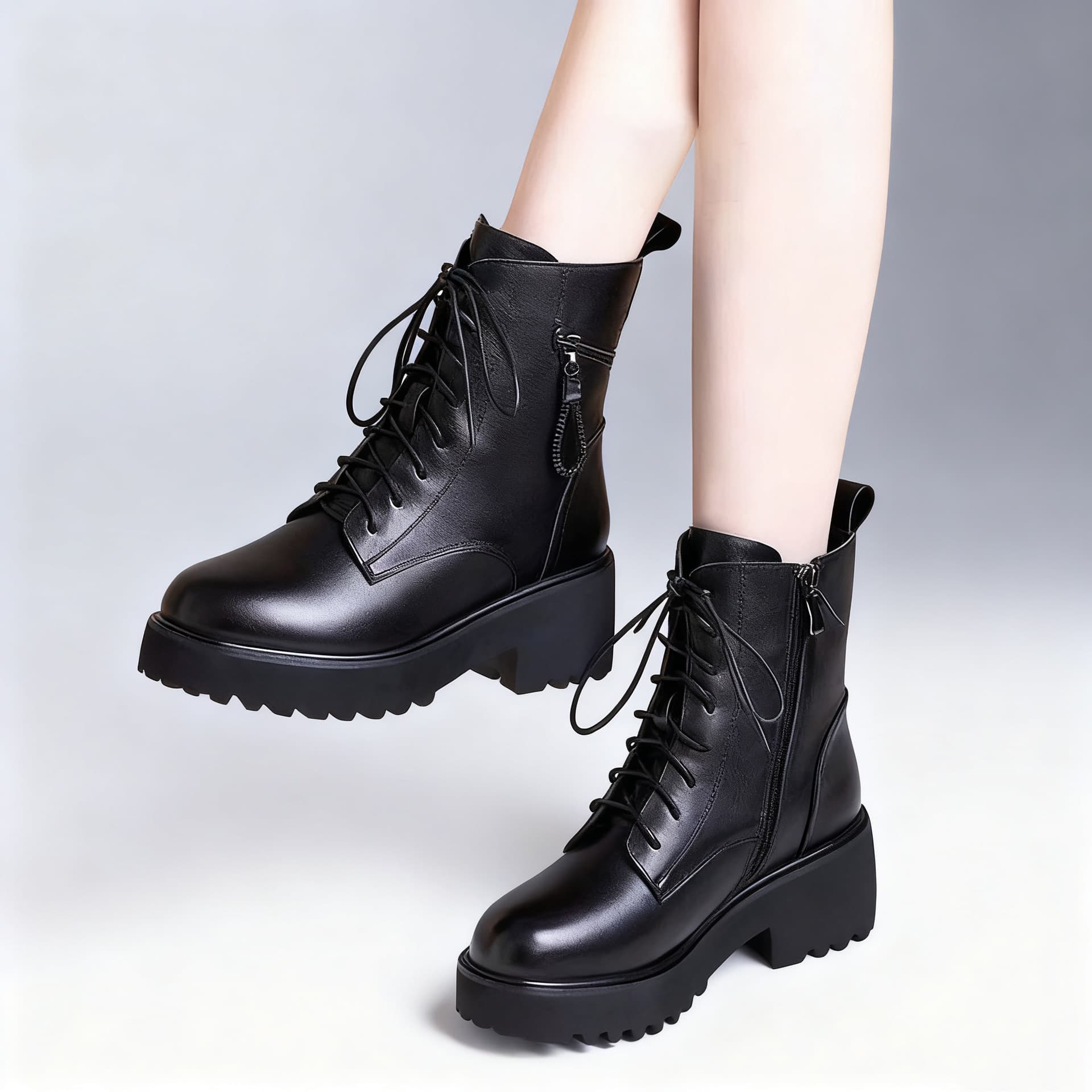 Autumn and Winter Soft Leather Martin Boots, New Versatile Thick Sole Mid-Calf Boots, Short Boots with Side Zipper for Skirts, Martin Boots