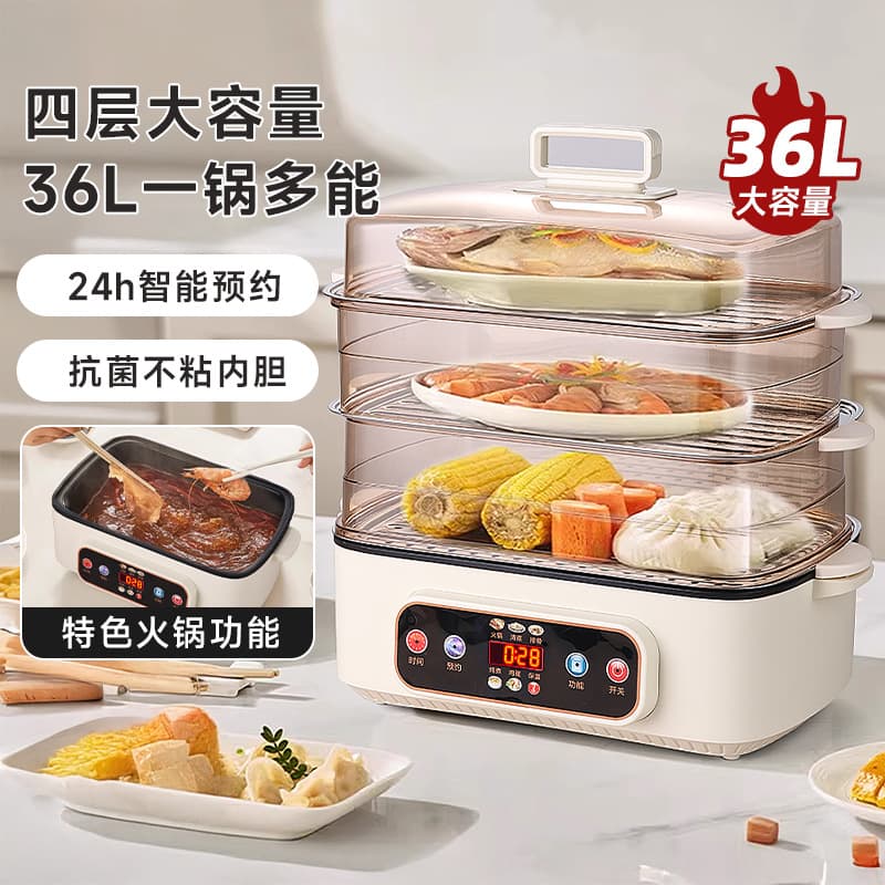 Hot Pot and Egg Steamer, Stainless Steel Home Use Multi-functional Steaming and Boiling Timer, Double-layer Small Capacity Breakfast Maker Electric Steamer