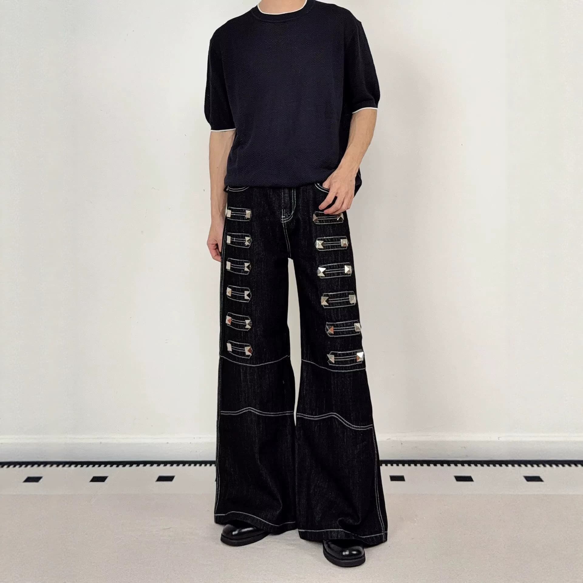 European and American cross-border loose high-waist ins style Napoleon rivet vintage retro long-leg American jeans