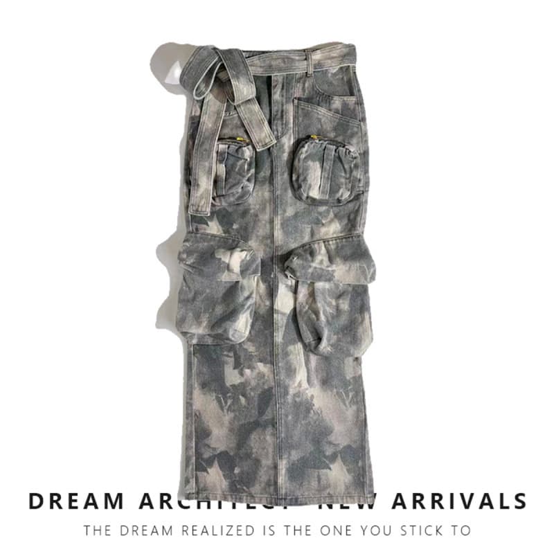 Niche camouflage khaki green maxi skirt, Spring/Summer 2025 new workwear style, multi-pocket straight long denim skirt.