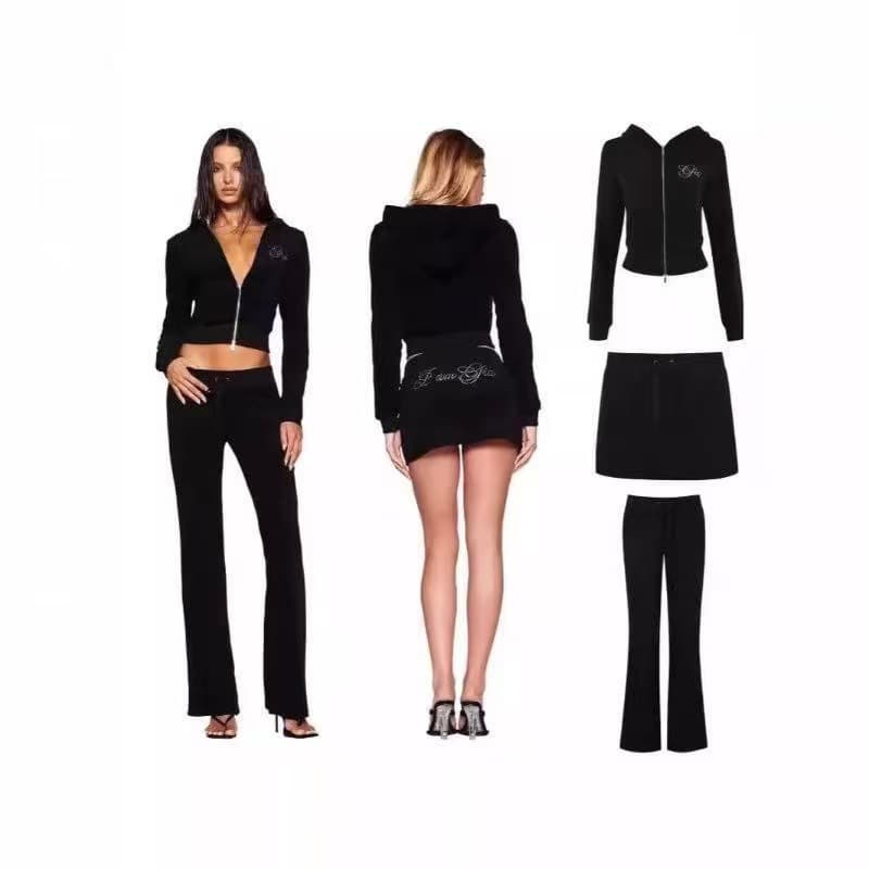 IAMGIA Rhinestone Logo Hoodie Zipper Hoodie Jacket Drawstring Pants Short Skirt Fashion Casual Set