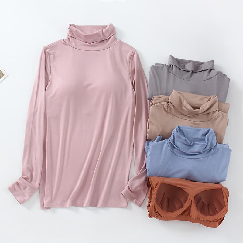 Modal High Neck Long Sleeve T-Shirt with Padded Bust, Slimming Underwear No Bra Needed Integrated Base Layer Women's Spring/Autumn