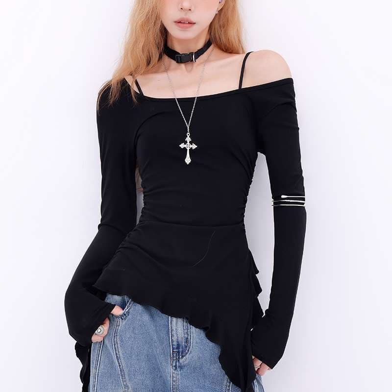 Off-The-Shoulder Ruffle Edge T-Shirt Women's Early Autumn Niche Design Sensibility Slims You And Smooths Your Silhouette InnerTo