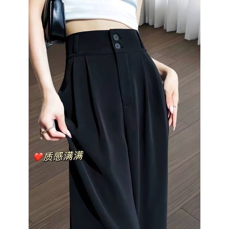 Black double-button casual straight suit pants for women summer new large size fat mm high waist drape covering crotch slimming wide leg pants