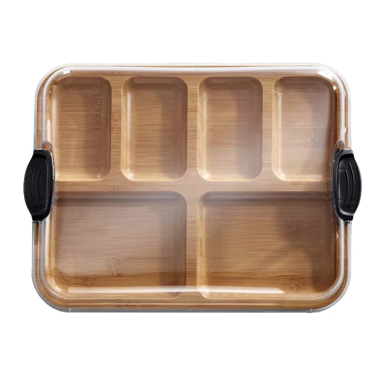Bamboo acrylic lid cooked food tray, outdoor portable fruit and snack tray, multi-compartment dessert tray