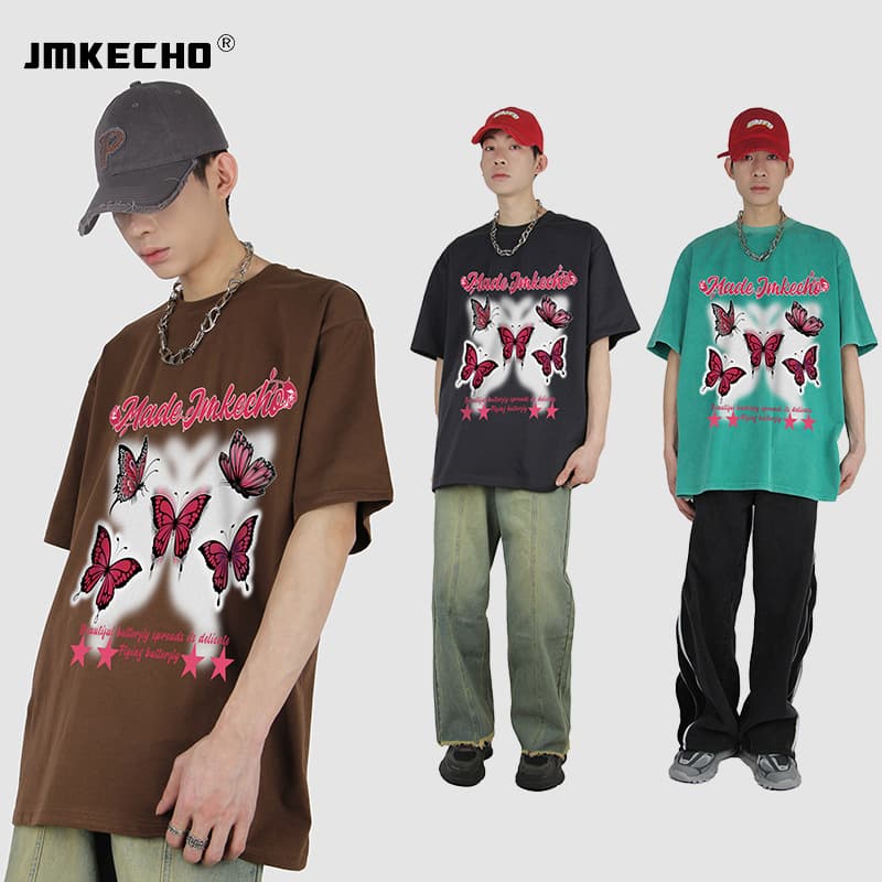 JMKECHO Men's American Streetwear Cool Butterfly Print Washed Short Sleeve Oversize Street Top for Men and Women