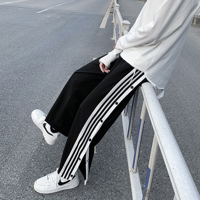 Loose-fit, versatile ins-style side full-zip sweatpants for men, casual striped straight-leg basketball pants
