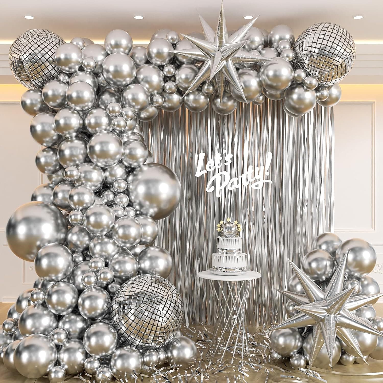 Metallic Silver Disco Balloons Arch 2m Tassel Burst Star Graduation Day Decoration Latex round Shaped Scene Balloons Chain Set