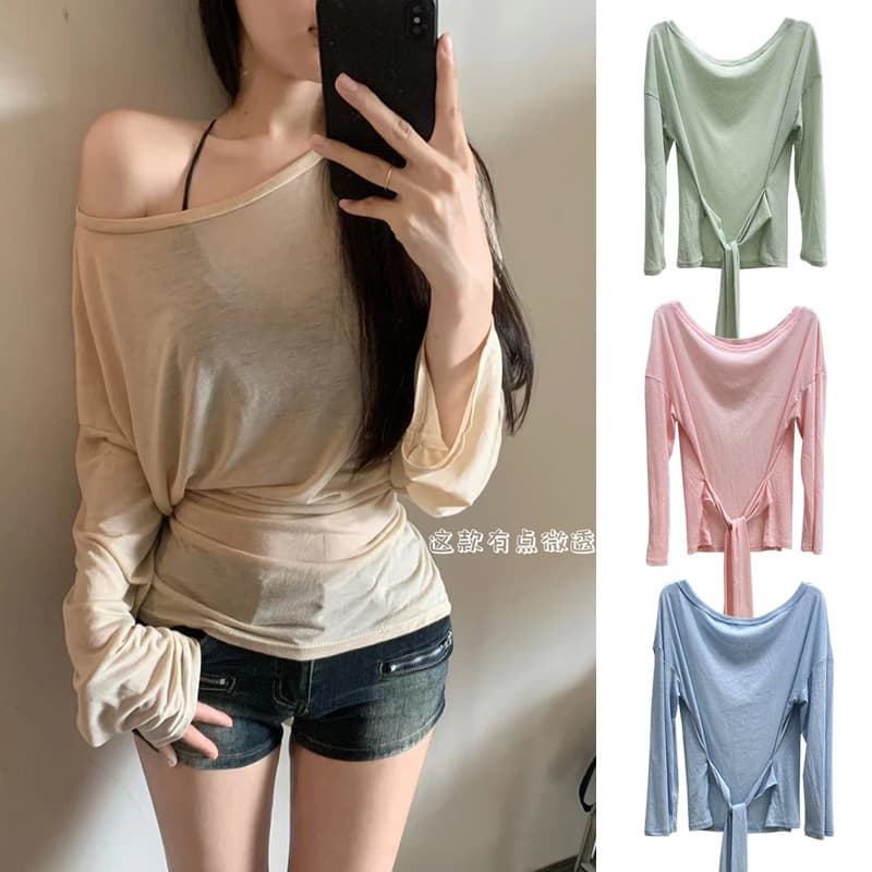 Summer Fashion Tie-Front Blouse Loose Long-Sleeve T-Shirt for Women, Unique Thin Design with Sheer Detail