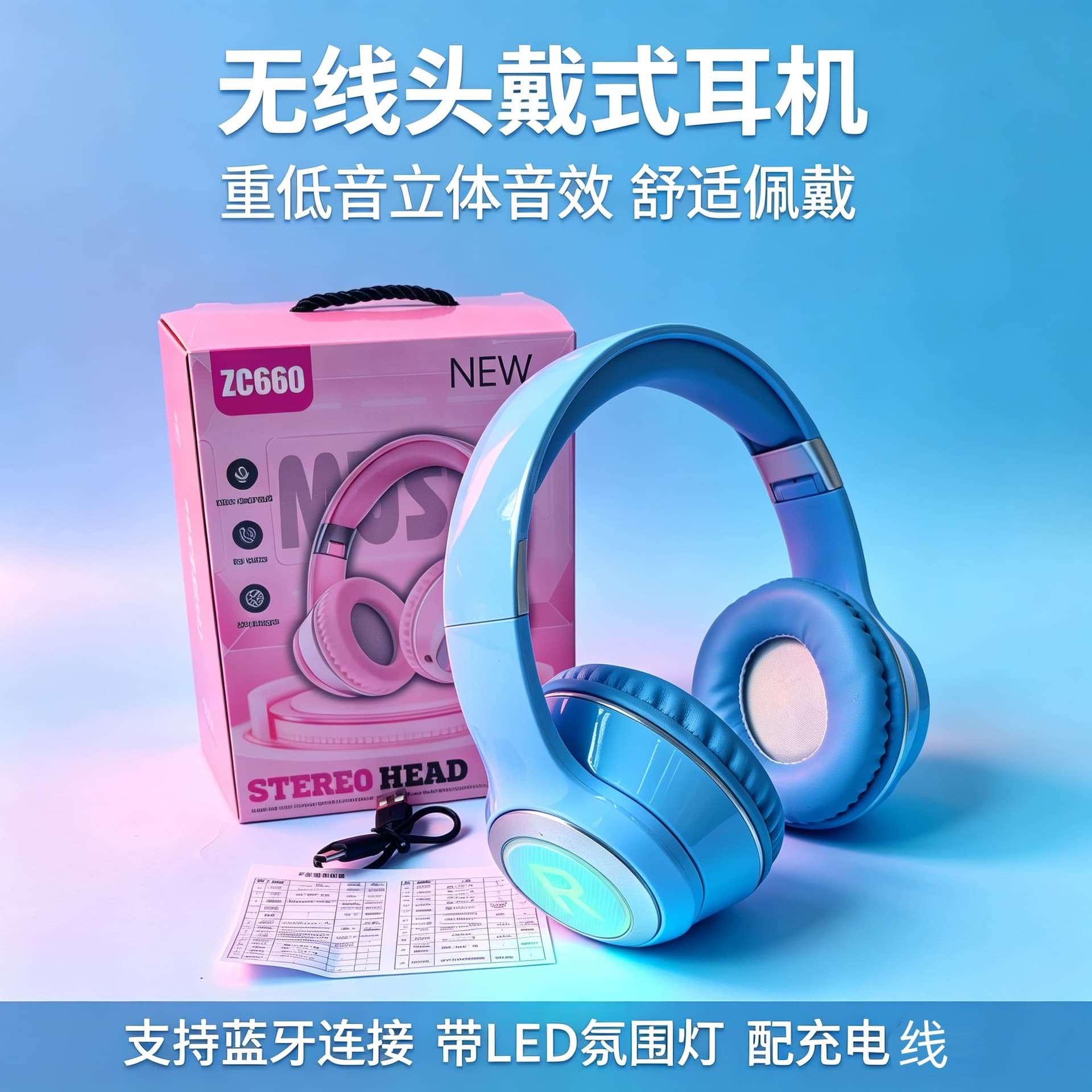 New Cross-Border ZC660 Over-Ear Bluetooth Headphones Music Gaming Headphones Gradient Color Heavy Bass Factory Wholesale