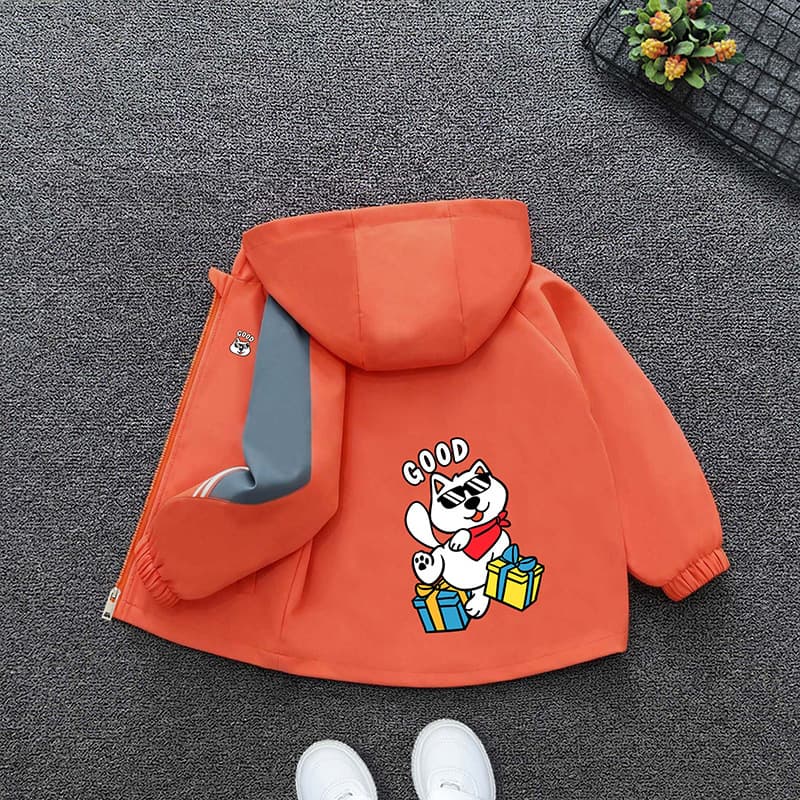 Boys Spring and Autumn Hooded Jacket Kids Cool Puppy Gift Print Outerwear Older Boys Color-Block Sleeve Zip-Up Top