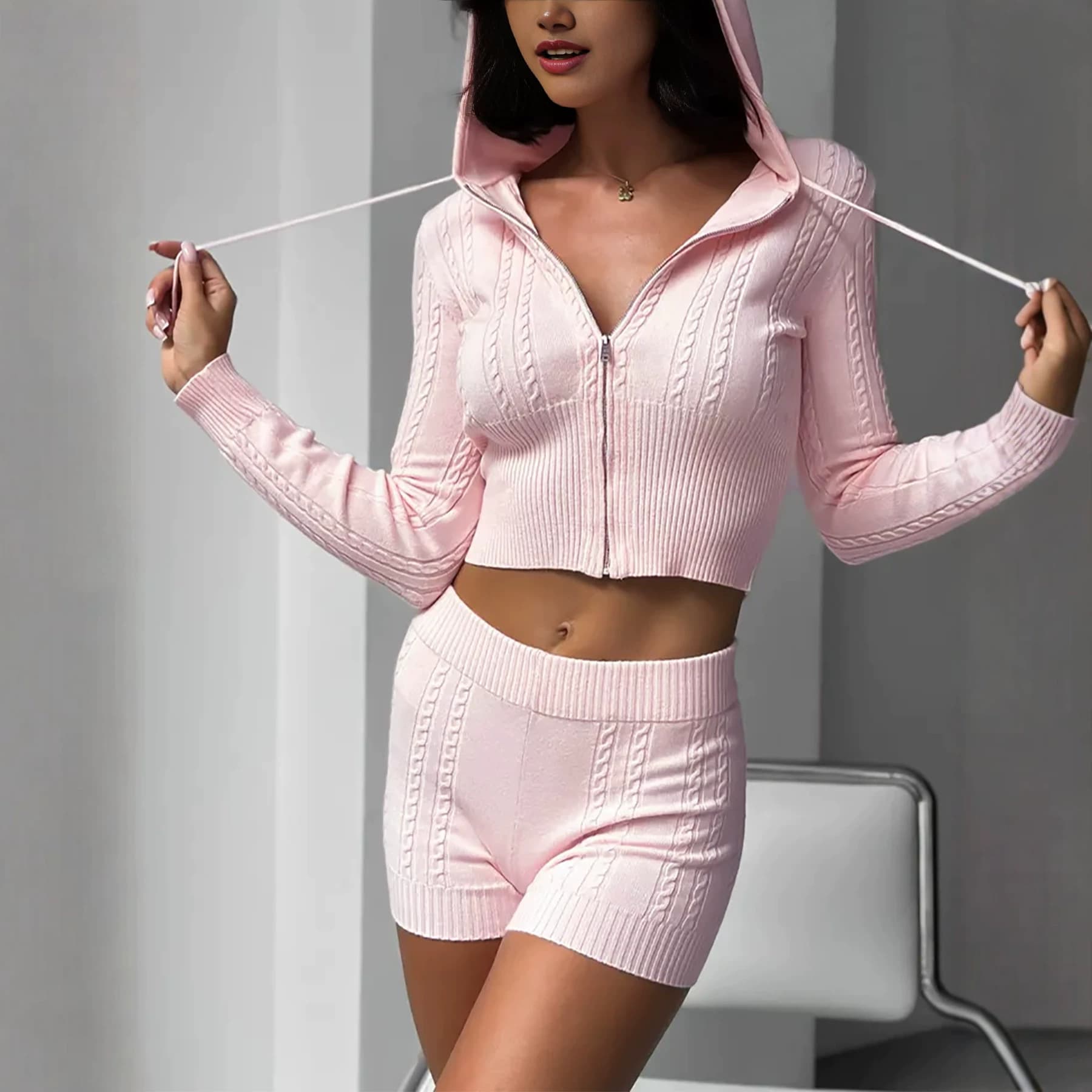 Women's Restful Home Knit Set with Hooded Cardigan, Cropped Top, and Shorts for a Lazy Summer Look