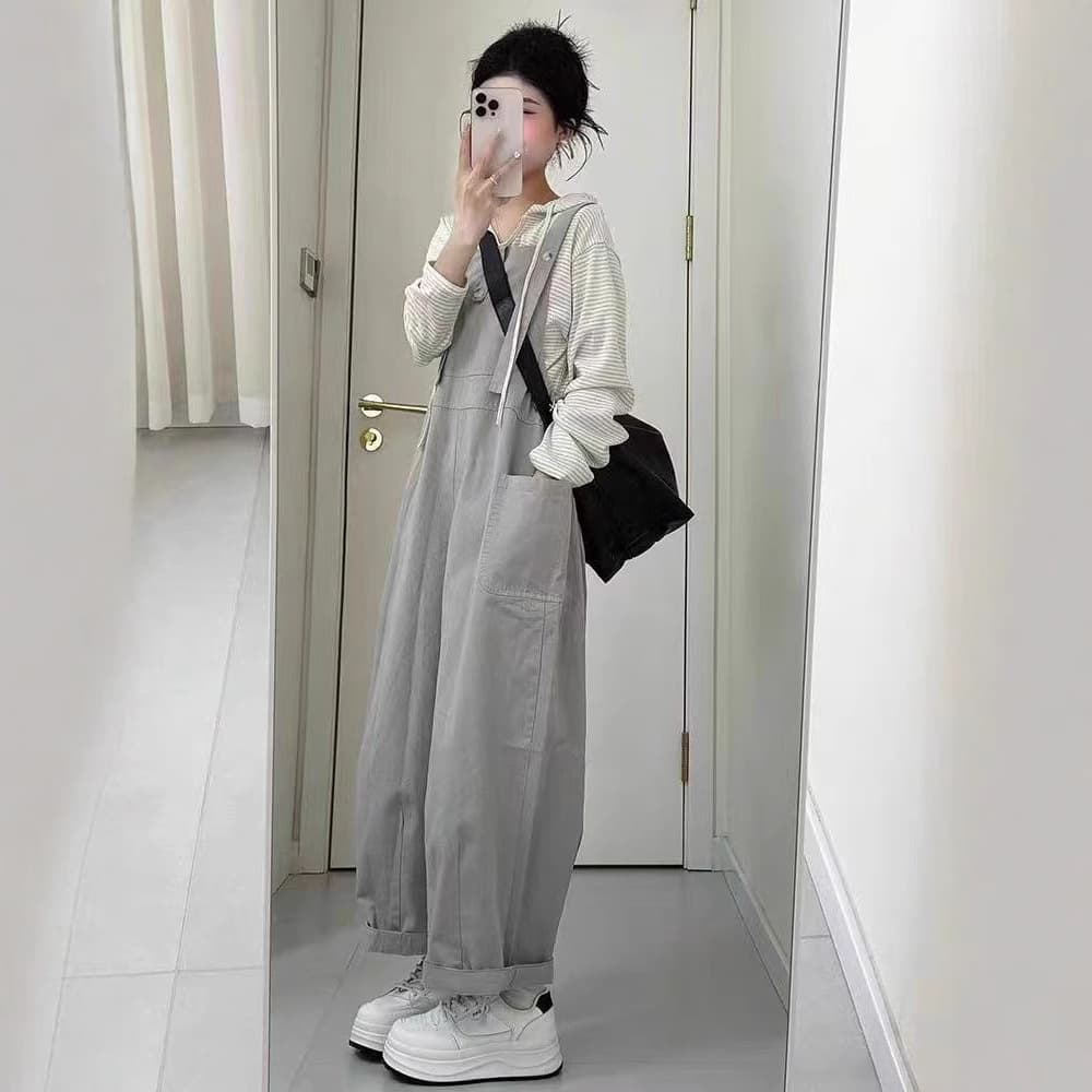 2026 New Korean Loose BF Lazy Style High-Quality Drooping Gray Workwear Suspender Wide-Leg Pants for Petite